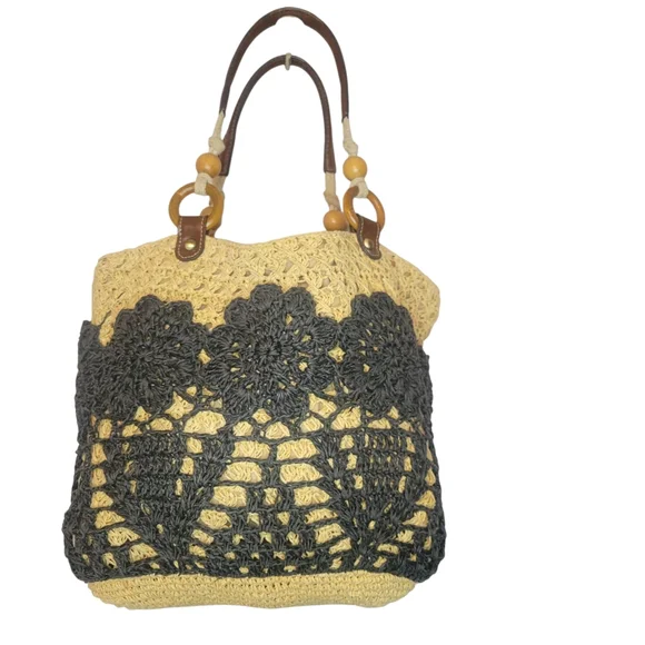 Fossil Straw Crochet Tote Bag Boho Black Floral Leather Handle Summer Purse - Picture 8 of 10